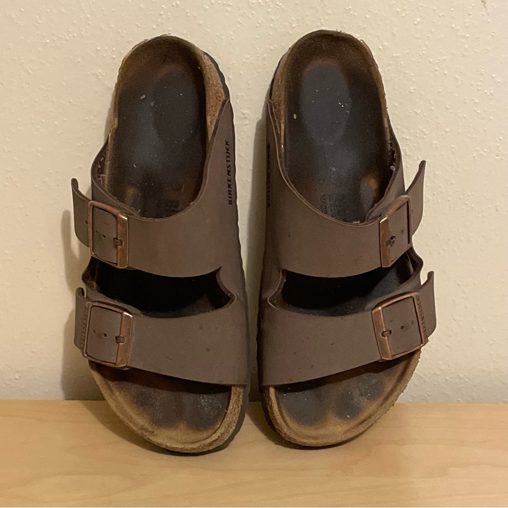 Birkenstock Arizona 38 (7) Leather Slide Sandals Brown Adjustable Double Buckle